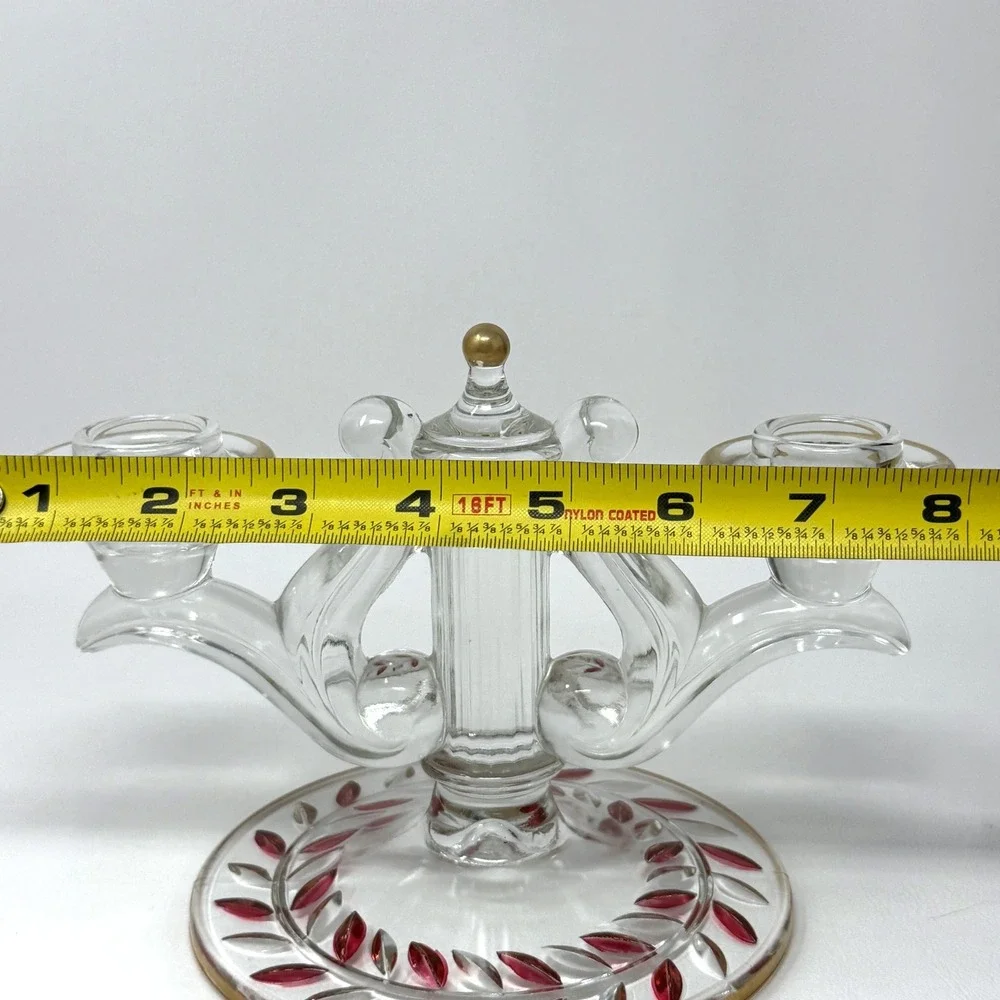 Indiana Glass Laurel‎ Double Arm Candle Holder Set 2 Gold Red Trim Accent 40s